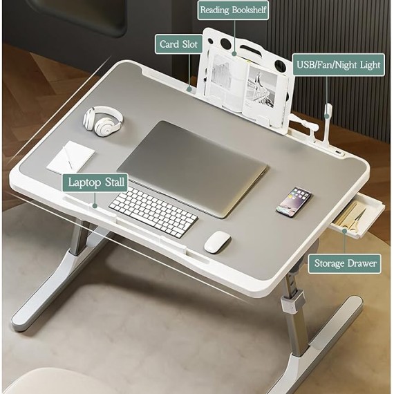 Laptop Bed Desk, Bed Desk Table Tray Stand, Portable Foldable Laptop Lap Desk Tray Table with USB/Fan/Night Light/Storage Drawer, for Bed/Couch/Sofa/Working/Study/Reading/Writing