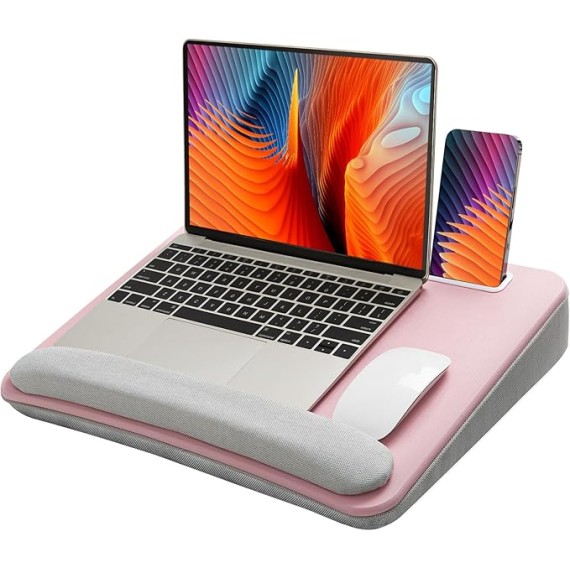 Lap Laptop Desk - Portable Lap Desk with Cushion, Fits up to 15.6 inch Laptop, with Anti-Slip Strip & Storage Function for Home Office Students Use as Computer Laptop Stand - Pink, HNLD12P