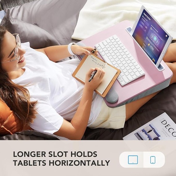 Lap Laptop Desk - Portable Lap Desk with Cushion, Fits up to 15.6 inch Laptop, with Anti-Slip Strip & Storage Function for Home Office Students Use as Computer Laptop Stand - Pink, HNLD12P