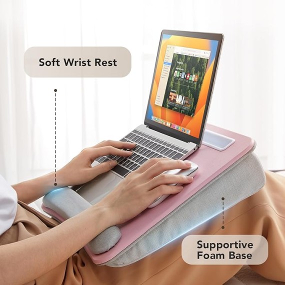 Lap Laptop Desk - Portable Lap Desk with Cushion, Fits up to 15.6 inch Laptop, with Anti-Slip Strip & Storage Function for Home Office Students Use as Computer Laptop Stand - Pink, HNLD12P