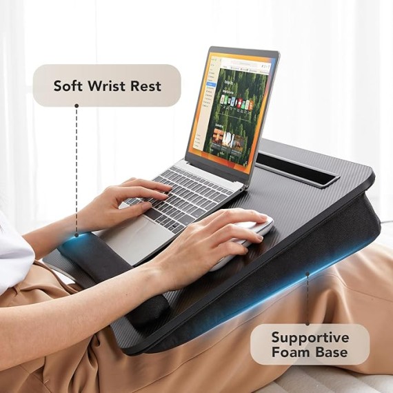 Lap Laptop Desk - Portable Lap Desk with Cushion, Fits up to 17 inch Laptop, with Anti-Slip Strip & Storage Function for Home Office Students Use as Computer Laptop Stand - Black, HNLD28B
