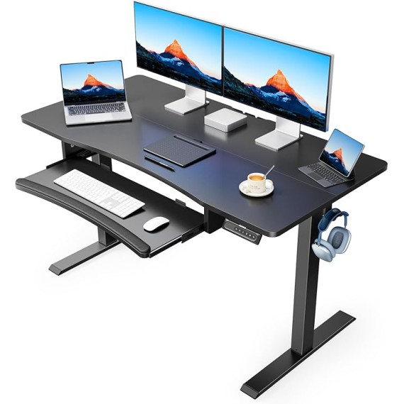 48" x 24" Electric Standing Desk with Large Keyboard Tray(26.7"), Adjustable Height Stand Up Desk for Home Office, 4 Memory Height Settings, 2 Headphone Hooks, Computer Workstation, Black