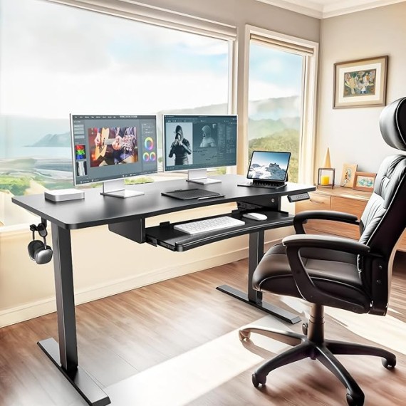 48" x 24" Electric Standing Desk with Large Keyboard Tray(26.7"), Adjustable Height Stand Up Desk for Home Office, 4 Memory Height Settings, 2 Headphone Hooks, Computer Workstation, Black