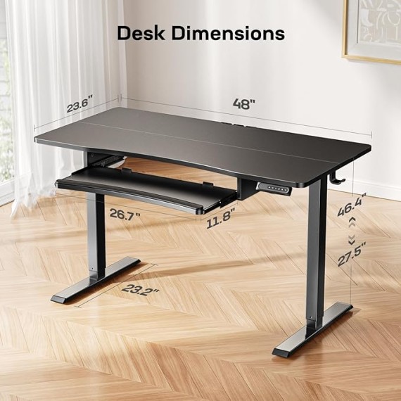 48" x 24" Electric Standing Desk with Large Keyboard Tray(26.7"), Adjustable Height Stand Up Desk for Home Office, 4 Memory Height Settings, 2 Headphone Hooks, Computer Workstation, Black