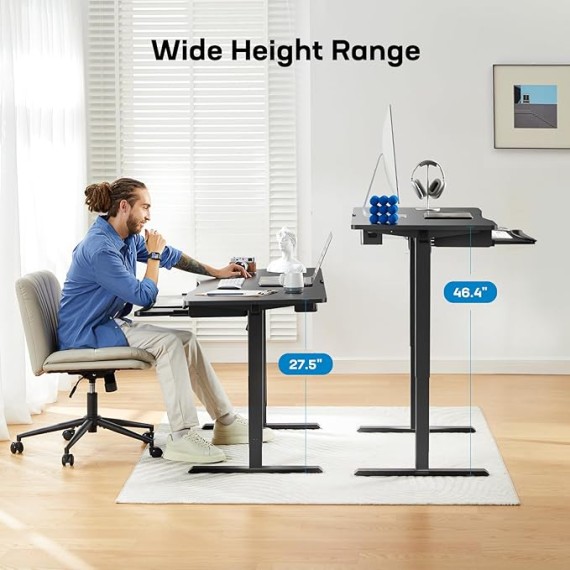 48" x 24" Electric Standing Desk with Large Keyboard Tray(26.7"), Adjustable Height Stand Up Desk for Home Office, 4 Memory Height Settings, 2 Headphone Hooks, Computer Workstation, Black