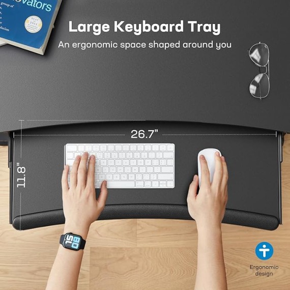 48" x 24" Electric Standing Desk with Large Keyboard Tray(26.7"), Adjustable Height Stand Up Desk for Home Office, 4 Memory Height Settings, 2 Headphone Hooks, Computer Workstation, Black
