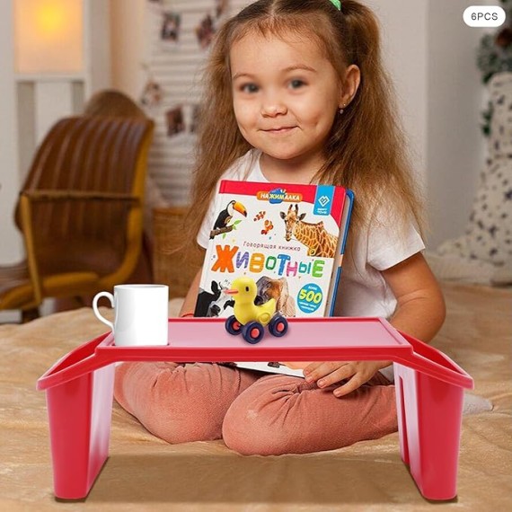 Kids Lap Desk Tray,Red Laptop Desk for Breakfast Tray Toys Coloring Books Tablets Books Games and Snacks,Portable Lap Bed Table,6 Pcs Plastic Breakfast Laptop Trays with Side Pockets,Storage Space