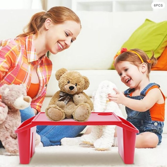 Kids Lap Desk Tray,Red Laptop Desk for Breakfast Tray Toys Coloring Books Tablets Books Games and Snacks,Portable Lap Bed Table,6 Pcs Plastic Breakfast Laptop Trays with Side Pockets,Storage Space