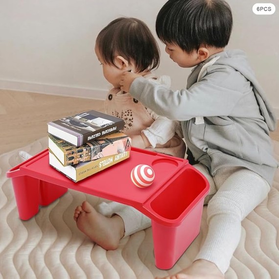 Kids Lap Desk Tray,Red Laptop Desk for Breakfast Tray Toys Coloring Books Tablets Books Games and Snacks,Portable Lap Bed Table,6 Pcs Plastic Breakfast Laptop Trays with Side Pockets,Storage Space