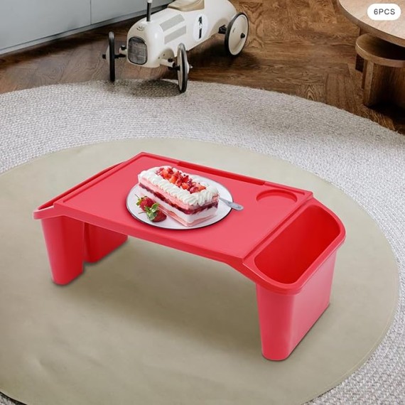 Kids Lap Desk Tray,Red Laptop Desk for Breakfast Tray Toys Coloring Books Tablets Books Games and Snacks,Portable Lap Bed Table,6 Pcs Plastic Breakfast Laptop Trays with Side Pockets,Storage Space