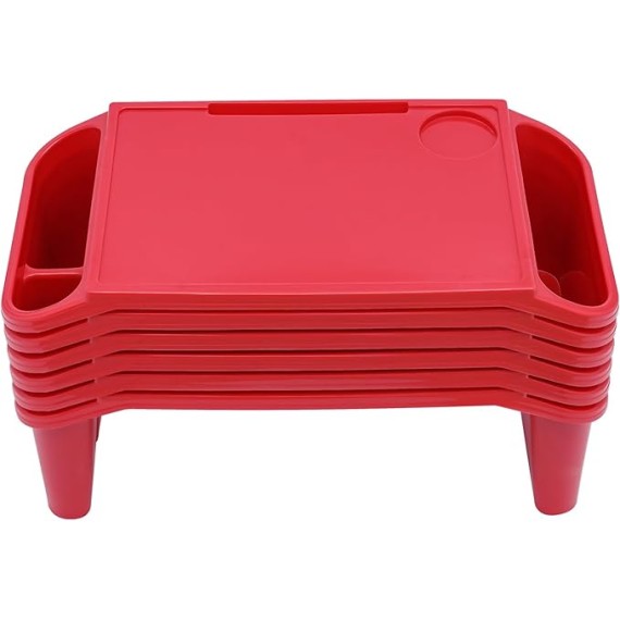 Kids Lap Desk Tray,Red Laptop Desk for Breakfast Tray Toys Coloring Books Tablets Books Games and Snacks,Portable Lap Bed Table,6 Pcs Plastic Breakfast Laptop Trays with Side Pockets,Storage Space