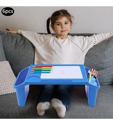 Activity Lap Desk Tray with Storage, Plastic Breakfast Laptop Trays with Side Pockets, Portable Lap Bed Table for Snacks, Play, Classroom and Sensory Toys (Blue, 50 * 25 * 18cm, 6pcs)