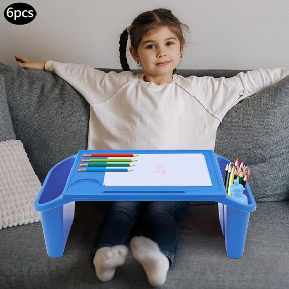Activity Lap Desk Tray with Storage, Plastic Breakfast Laptop Trays with Side Pockets, Portable Lap Bed Table for Snacks, Play, Classroom and Sensory Toys (Blue, 50 * 25 * 18cm, 6pcs)