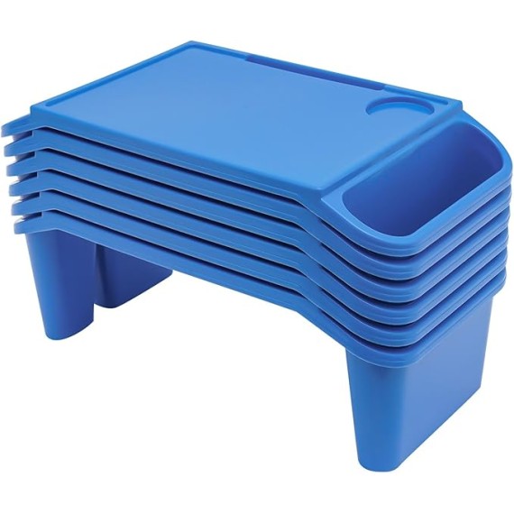 Activity Lap Desk Tray with Storage, Plastic Breakfast Laptop Trays with Side Pockets, Portable Lap Bed Table for Snacks, Play, Classroom and Sensory Toys (Blue, 50 * 25 * 18cm, 6pcs)