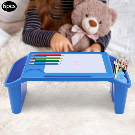 Activity Lap Desk Tray with Storage, Plastic Breakfast Laptop Trays with Side Pockets, Portable Lap Bed Table for Snacks, Play, Classroom and Sensory Toys (Blue, 50 * 25 * 18cm, 6pcs)