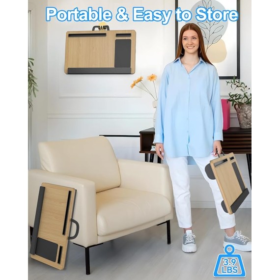 Laptop Lap Desk, Portable Large Laptop Desk for Bed, Up to 17 in Laptop Table with Wrist Rest, Mouse Pad, Tablet Phone Slot, Portable Handle, Laptop Lap Table with Cushion (Light Brown)
