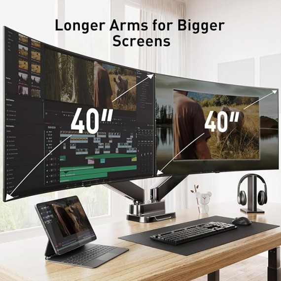 Dual Monitor Mount for 40 inch Ultrawide Screens up to 33 lbs, Heavy Duty Dual Monitor Stand with Full Motion Adjustment, Dual Monitor Arm with Tilt, Swivel, Rotation, VESA 75x75 or 100x100mm