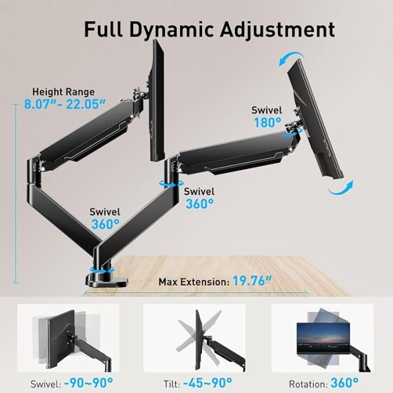 Dual Monitor Mount for 40 inch Ultrawide Screens up to 33 lbs, Heavy Duty Dual Monitor Stand with Full Motion Adjustment, Dual Monitor Arm with Tilt, Swivel, Rotation, VESA 75x75 or 100x100mm