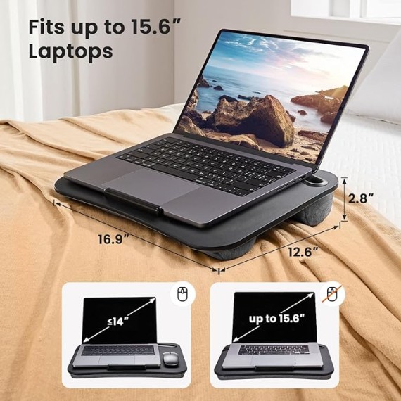 Laptop Lap Desk Fits up to 15.6 inch Laptops, Lap Desk with Cushion, Phone Slot & Storage Bag, Portable Lightweight Lap Desk for Laptop, Black Laptop Desk for Home Office Dormitory