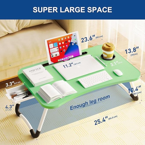 Foldable Lap Desk Table, Laptop Stand for Bed, Laptop Bed Tray Table, Laptop Bed Table with Storage Drawer and Cup Holder for Reading and Writing Holder for Bed Couch Sofa Floor(Green)