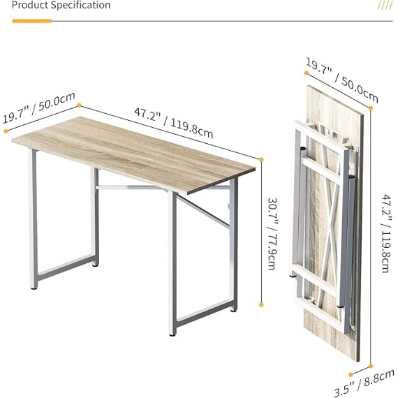 Folding Desk 47 inch No Assembly Required Home Office Table, Writing Gaming Computer Camping Desk, Beige
