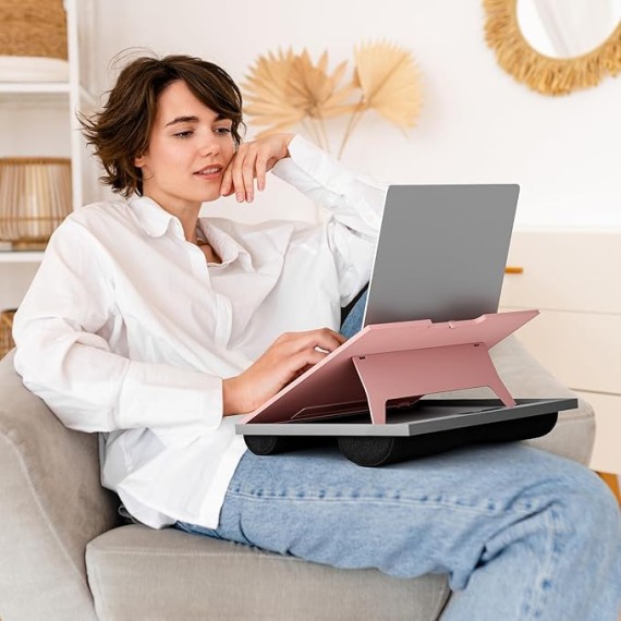 Adjustable Lap Desk - with 8 Adjustable Angles & Dual Cushions Laptop Stand for Car Laptop Desk, Work Table, Lap Writing Board & Drawing Desk on Sofa or Bed by , Pink