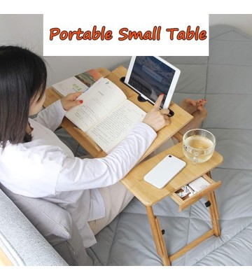 Foldable Laptop Bed Table Lap Desk Stand, 100% Natural Bamboo Laptop Desk, Adjustable Lapdesk Table with Storage Drawer, Suitable for Bed/Sofa/Floor - Small Dining Table, Computer Desk