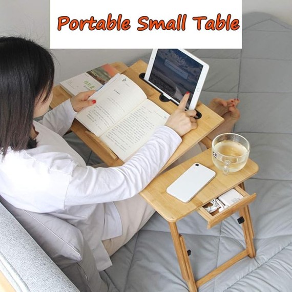 Foldable Laptop Bed Table Lap Desk Stand, 100% Natural Bamboo Laptop Desk, Adjustable Lapdesk Table with Storage Drawer, Suitable for Bed/Sofa/Floor - Small Dining Table, Computer Desk