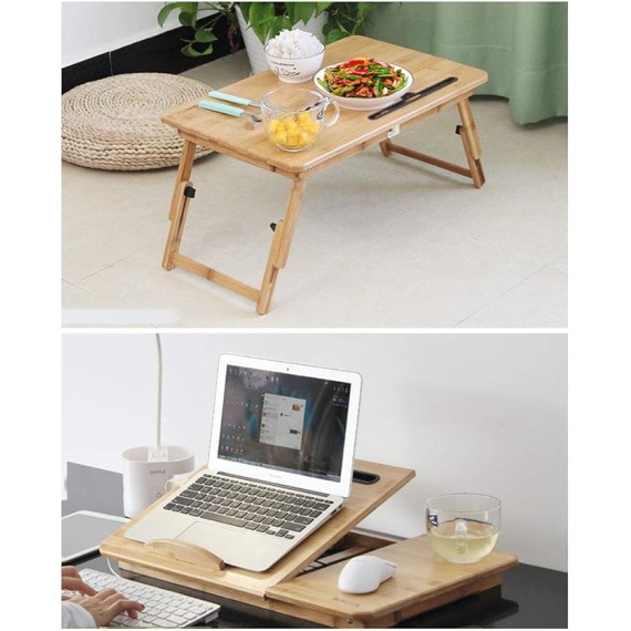 Foldable Laptop Bed Table Lap Desk Stand, 100% Natural Bamboo Laptop Desk, Adjustable Lapdesk Table with Storage Drawer, Suitable for Bed/Sofa/Floor - Small Dining Table, Computer Desk