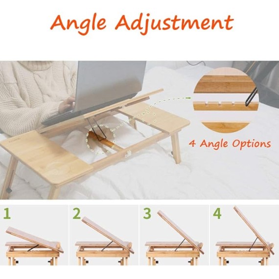 Foldable Laptop Bed Table Lap Desk Stand, 100% Natural Bamboo Laptop Desk, Adjustable Lapdesk Table with Storage Drawer, Suitable for Bed/Sofa/Floor - Small Dining Table, Computer Desk