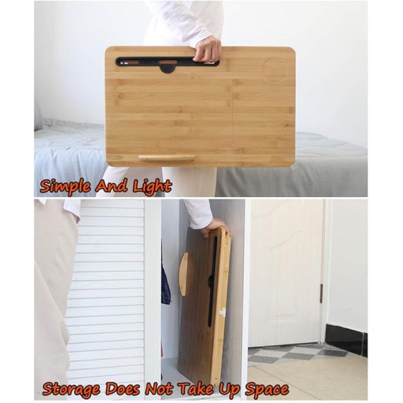 Foldable Laptop Bed Table Lap Desk Stand, 100% Natural Bamboo Laptop Desk, Adjustable Lapdesk Table with Storage Drawer, Suitable for Bed/Sofa/Floor - Small Dining Table, Computer Desk