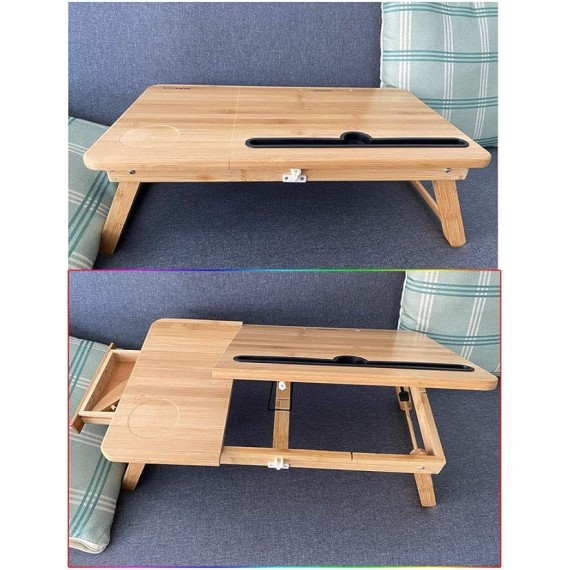 Foldable Laptop Bed Table Lap Desk Stand, 100% Natural Bamboo Laptop Desk, Adjustable Lapdesk Table with Storage Drawer, Suitable for Bed/Sofa/Floor - Small Dining Table, Computer Desk