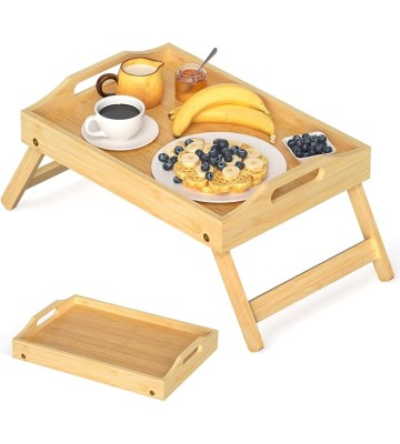 Breakfast Bed Tray for Eating - Foldable Food Laptop Table - Portable Bamboo Raised Serving Tray - Snack Platter with Folding Legs, Eating for Bedroom, Picnic, Sofa - Natural