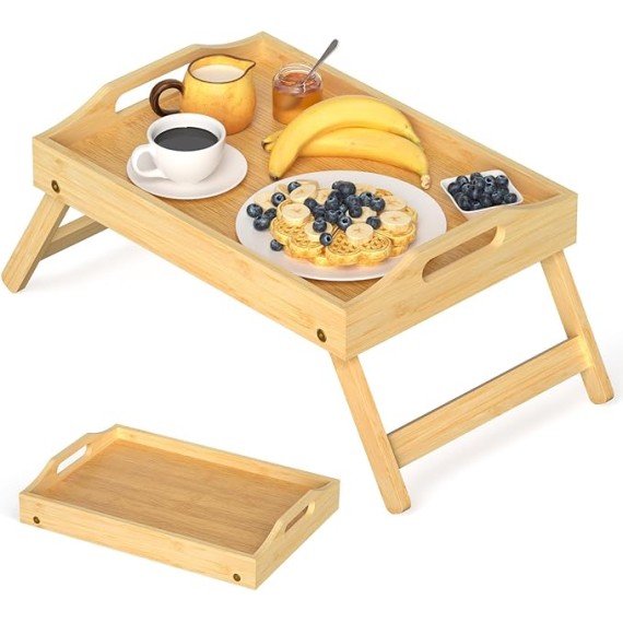 Breakfast Bed Tray for Eating - Foldable Food Laptop Table - Portable Bamboo Raised Serving Tray - Snack Platter with Folding Legs, Eating for Bedroom, Picnic, Sofa - Natural