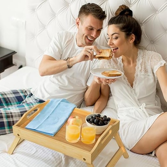 Breakfast Bed Tray for Eating - Foldable Food Laptop Table - Portable Bamboo Raised Serving Tray - Snack Platter with Folding Legs, Eating for Bedroom, Picnic, Sofa - Natural