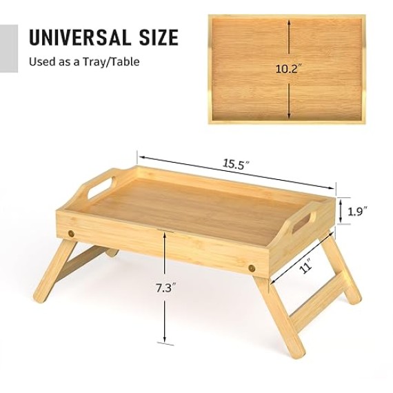 Breakfast Bed Tray for Eating - Foldable Food Laptop Table - Portable Bamboo Raised Serving Tray - Snack Platter with Folding Legs, Eating for Bedroom, Picnic, Sofa - Natural