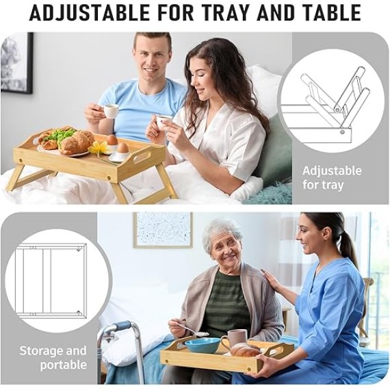 Breakfast Bed Tray for Eating - Foldable Food Laptop Table - Portable Bamboo Raised Serving Tray - Snack Platter with Folding Legs, Eating for Bedroom, Picnic, Sofa - Natural