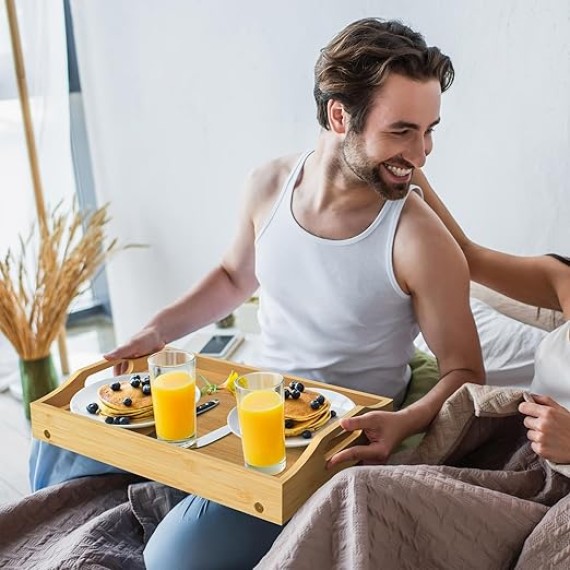 Breakfast Bed Tray for Eating - Foldable Food Laptop Table - Portable Bamboo Raised Serving Tray - Snack Platter with Folding Legs, Eating for Bedroom, Picnic, Sofa - Natural