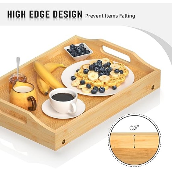 Breakfast Bed Tray for Eating - Foldable Food Laptop Table - Portable Bamboo Raised Serving Tray - Snack Platter with Folding Legs, Eating for Bedroom, Picnic, Sofa - Natural