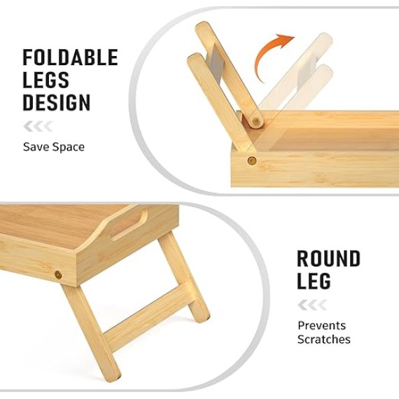 Breakfast Bed Tray for Eating - Foldable Food Laptop Table - Portable Bamboo Raised Serving Tray - Snack Platter with Folding Legs, Eating for Bedroom, Picnic, Sofa - Natural