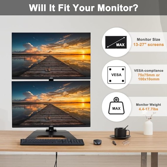 Dual Monitor Stand, Vertical Monitor Mount, Vertical Stack Screen Free-Standing Monitor Riser Adjustable Fits Two 13 to 27 Inch Screen and Max 20 lbs, Black