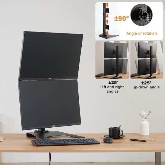 Dual Monitor Stand, Vertical Monitor Mount, Vertical Stack Screen Free-Standing Monitor Riser Adjustable Fits Two 13 to 27 Inch Screen and Max 20 lbs, Black