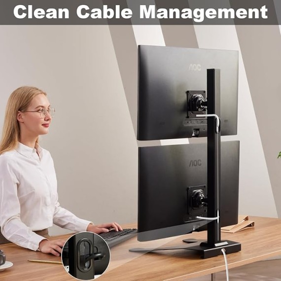 Dual Monitor Stand, Vertical Monitor Mount, Vertical Stack Screen Free-Standing Monitor Riser Adjustable Fits Two 13 to 27 Inch Screen and Max 20 lbs, Black
