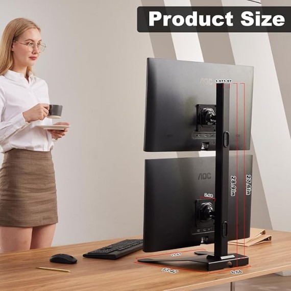 Dual Monitor Stand, Vertical Monitor Mount, Vertical Stack Screen Free-Standing Monitor Riser Adjustable Fits Two 13 to 27 Inch Screen and Max 20 lbs, Black