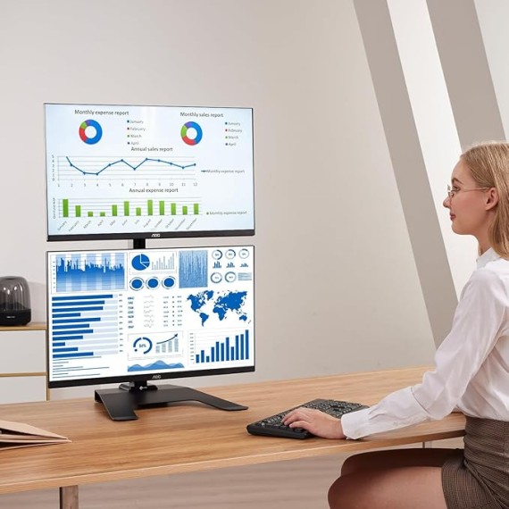 Dual Monitor Stand, Vertical Monitor Mount, Vertical Stack Screen Free-Standing Monitor Riser Adjustable Fits Two 13 to 27 Inch Screen and Max 20 lbs, Black