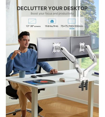 Dual Monitor Stand - Full Adjustable Monitor Desk Mount Swivel Vesa Bracket with C Clamp, Grommet Mounting Base for 13 to 30 Inch Computer Screens - Each Arm Holds 4.4 to 19.8lbs - Whtie