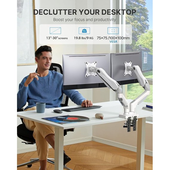 Dual Monitor Stand - Full Adjustable Monitor Desk Mount Swivel Vesa Bracket with C Clamp, Grommet Mounting Base for 13 to 30 Inch Computer Screens - Each Arm Holds 4.4 to 19.8lbs - Whtie