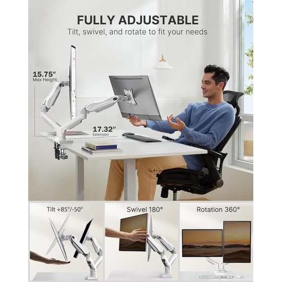Dual Monitor Stand - Full Adjustable Monitor Desk Mount Swivel Vesa Bracket with C Clamp, Grommet Mounting Base for 13 to 30 Inch Computer Screens - Each Arm Holds 4.4 to 19.8lbs - Whtie