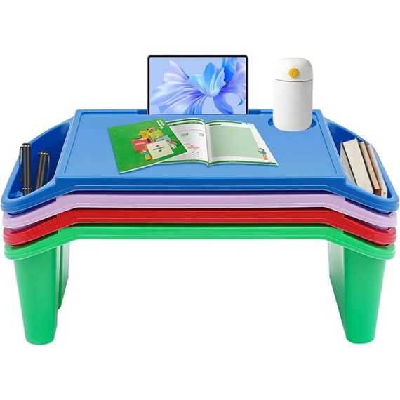 4 Pcs Kids Lap Desk Tray Bulk 19.7 x 9.8 x 7.1 Inch Portable Lap Tray for Kids Plastic Lap Table with Side Pockets, Portable Lap Bed Table for Classroom Home
