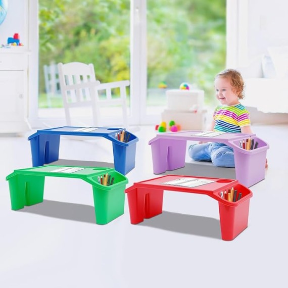 4 Pcs Kids Lap Desk Tray Bulk 19.7 x 9.8 x 7.1 Inch Portable Lap Tray for Kids Plastic Lap Table with Side Pockets, Portable Lap Bed Table for Classroom Home